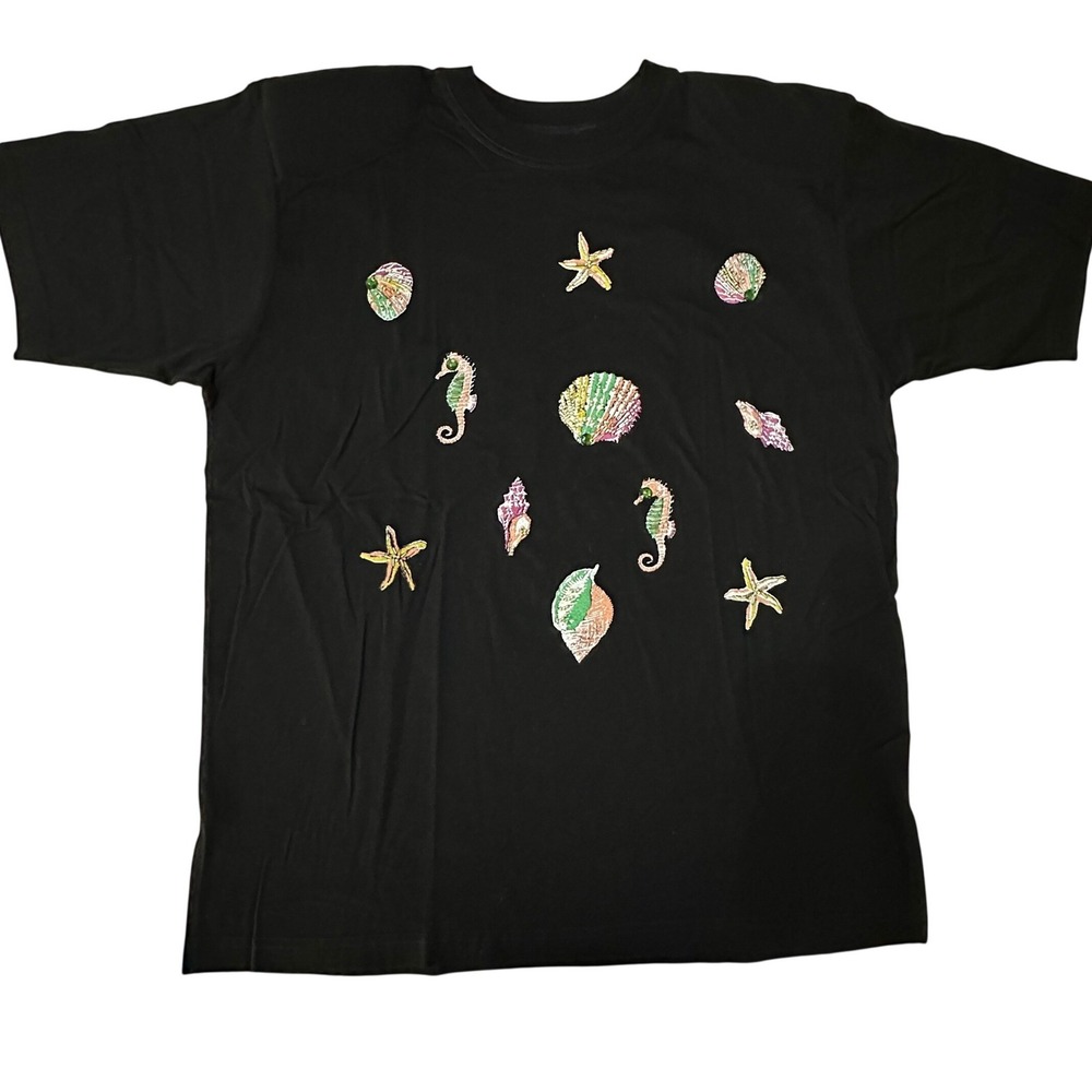 Retro Beaded Sea Shell Tee Coastal Grandma Mermaid Nautical Chic Womens Large‎